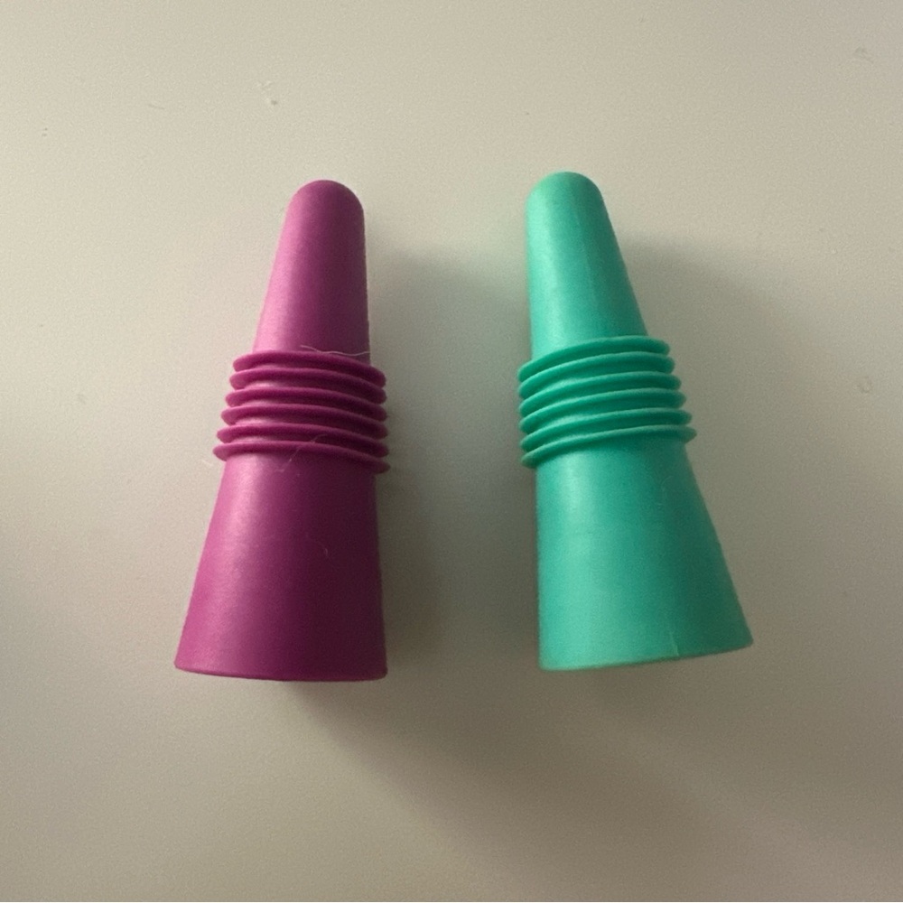 Houdini Green & Purple Rubber Stainless Steel Wine Bottle Stoppers Set of 2